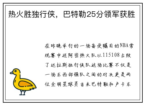热火胜独行侠，巴特勒25分领军获胜
