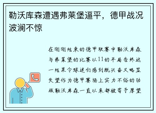 勒沃库森遭遇弗莱堡逼平，德甲战况波澜不惊