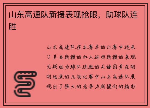 山东高速队新援表现抢眼，助球队连胜
