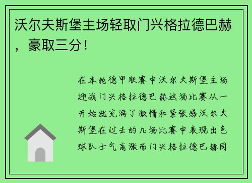沃尔夫斯堡主场轻取门兴格拉德巴赫，豪取三分！