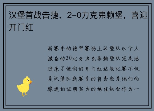 汉堡首战告捷，2-0力克弗赖堡，喜迎开门红