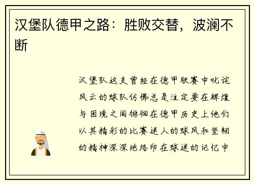 汉堡队德甲之路：胜败交替，波澜不断